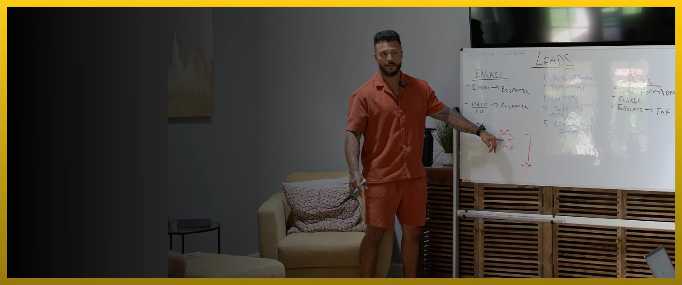 Man in orange shirt standing next to a whiteboard with notes in a room.